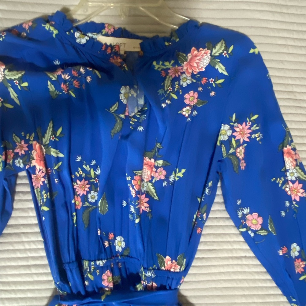 LOFT Babydoll Midi Dress Vibrant Blue Floral Spring Design Long Sleeve Sm Petite - Picture 2 of 4
